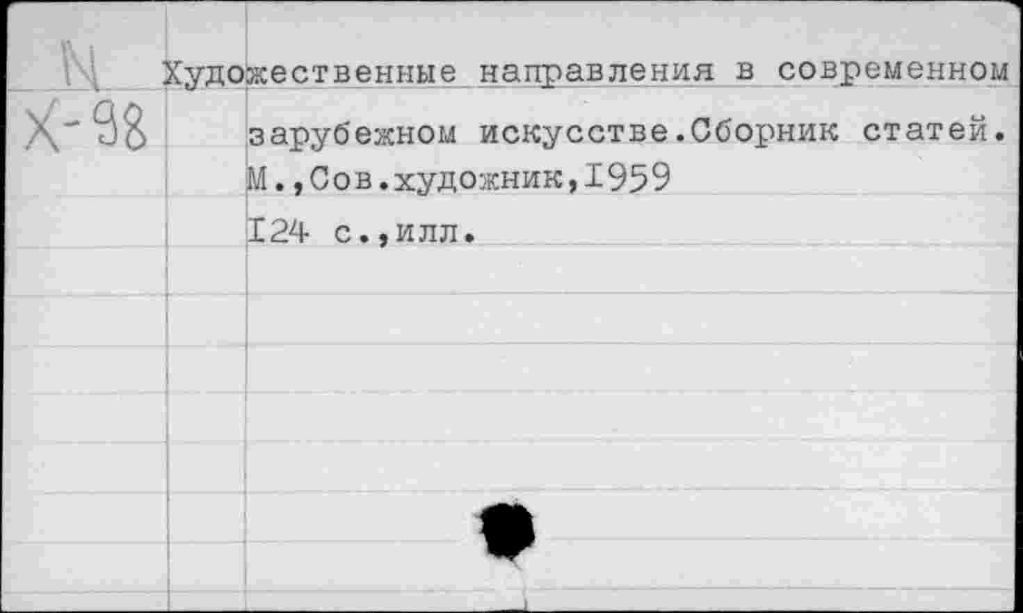 ﻿Художественные направления в современном X'2)3 зарубежном искусстве.Сборник статей.
М.,Сов.художник,1959
124 с.,илл.